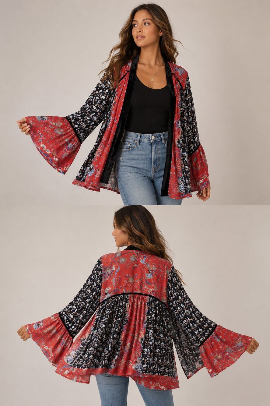 Altar'd State Mixed Print Velvet Trim Patchwork Bell Sleeve Boho Kimono Large